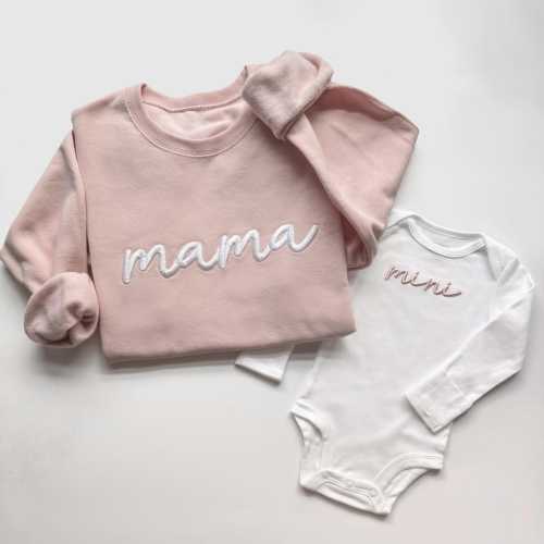 3D Puff Mama and Mini Matching Set, Pink Custom Embroidered Mother Daughter Outfits, Mommy and Me Sweatshirts