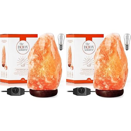 The Body Source Himalayan Salt Rock Lamp | 6-8 Inch (4-7 lb) | Natural Salt Rock Lamp with Dimmer Switch & Wooden Base | Night Light & Bulb Replacement (Pack of 2)