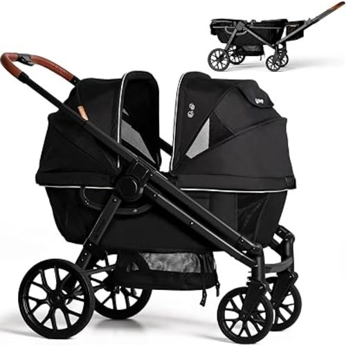Wagon Stroller for 2 Kids, Foldable All-Terrain Stroller Wagon with Removable UV-Protection Canopy, Adjustable Push/Pull Handle, Snack Tray, Cup Holders & Storage Basket for Baby and Toddler(Black)