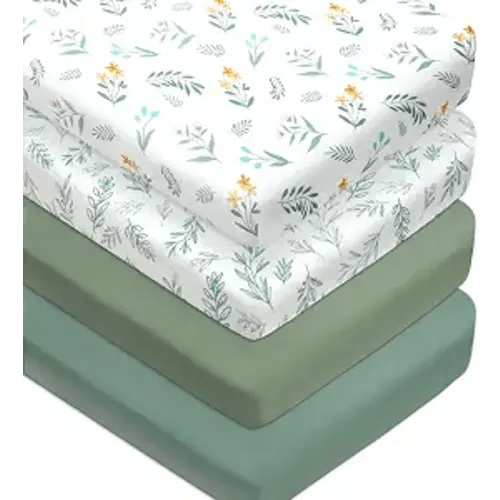 4 Pack Sage Green Fitted Nursery Sheets Breathable Neutral Unisex Baby Sheets for Boys or Girls with Leaf and Flower Design Standard Crib Sheet (Green, Crib Sheet)