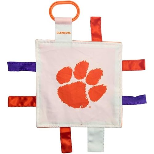The Learning Lovey Clemson University Baby Tag Toy - College Baby Sensory Crinkle Toys - Soft & Safe - Ideal Baby Stroller Toy - BPA Free w/Stroller Clip (8" x 8" Tag Toy)