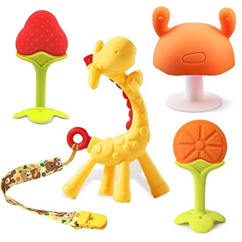 Teething Toys for Babies 0-6-12 Months 4PCS Silicone Baby Teething Toys Mushroom Teether Toy Fruit Giraffe Teether Baby Chew Toy Soothe Babies Sore Gums for Infants Boys Girls