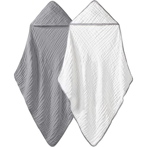 Yoofoss Hooded Baby Towels 100% Muslin Cotton 2 Pack Baby Bath Towel 32x32Inch, Extra Soft and Absorbent Hooded Towels for Baby, Infant and Toddler, Baby Bath Essential for Boys Girls (White & Grey)