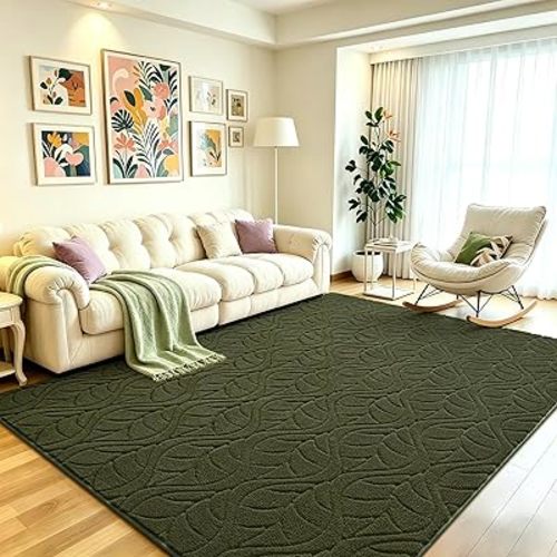 5x7 Olive Green Washable Area Rug for Bedroom Living Room, Leaf Geometric Patter Shag Non-Slip Rugs, Luxury Plush Soft Memory Foam Indoor Carpet for Playroom Modern Home Decor