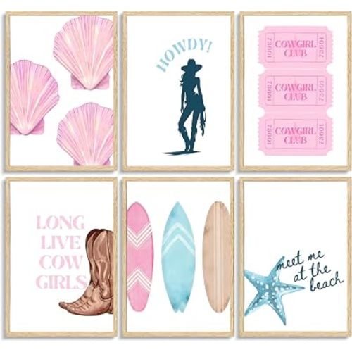 Coastal Cowgirl Posters Wall Art Set of 6,Pink Beach Cowgirl Canvas Wall Decor,Surfboard Shell Cowgirl Boots Trendy Aesthetic Painting Prints for Bedroom,Bathroom,Home Decoration 8x10 in Unframed