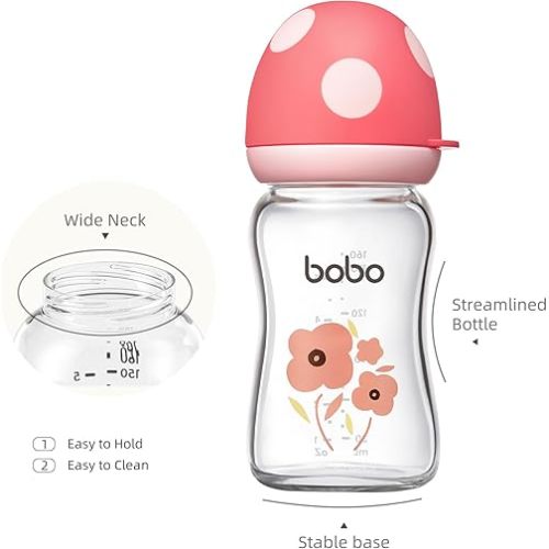 YOHKOH Natural Glass Baby Bottle with Level 1 Slow Flow Nipple, Newborn Anti-Colic Baby Bottles, Wide Neck Mushroom Baby Glass Bottle ((5.4oz (Pack of 4), Red-1)
