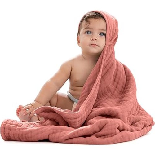 Comfy Cubs Hooded Baby Towel 1-Pack, Large 32 x 32 Inch - 6 Layer 100% Muslin Cotton for Babies, Toddlers and Kids - Soft & Absorbent Baby Bath Towels - Unisex Design for Bath Time - Dusty Rose