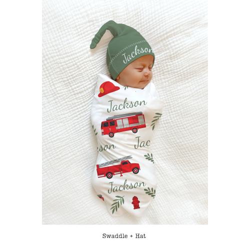 Personalized Firetruck Swaddle Set - Baby Shower Gift for Firefighter Hospital Name Announcement Red Custom Fireman Blanket Hat Set