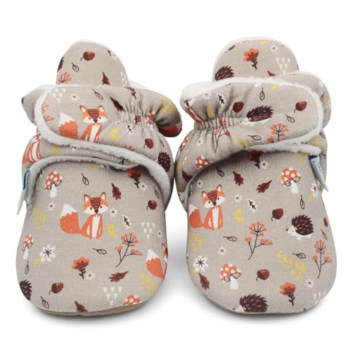 Dotty Fish Cotton Infant Booties. Barefoot Feel, Boys & Girls Baby Winter Slippers. Warm & Cosy Fleece Lining, Adjustable Fastening, Non-Slip, Soft Suede Sole, Unisex - 6 Designs 0-24 Months