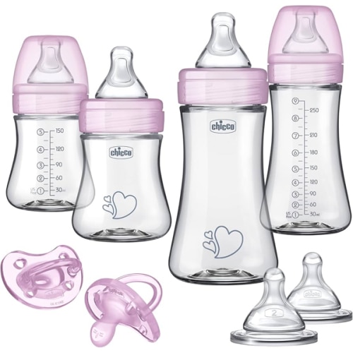 Chicco Duo Newborn Hybrid Baby Bottle Starter Gift Set with Invinci-Glass Inside and Plastic Outside | Dishwasher, Bottle Warmer, and Electric Sterilizer Safe | Intui-Latch Nipple | Clear/Pink