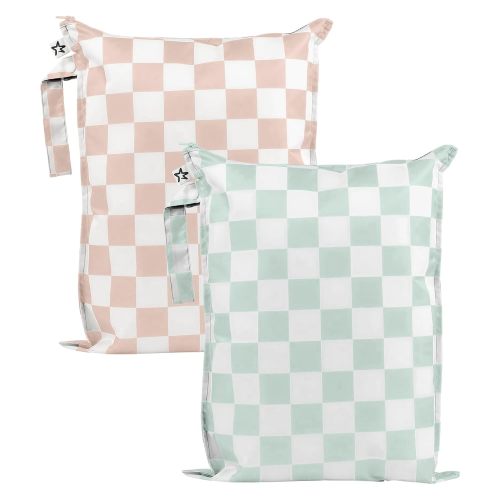 Tiny Twinkle Mess Proof Wet Bags | 2-Pack Reusable Waterproof Wet Bags for Swimsuits | Baby Clothes | Travel & Diaper Bag (Black, Green Checkers)