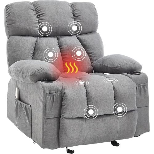 Massage Rocker Recliner Chair with Heat and Vibration Ergonomic Rocking Lounge Chair for Living Room Comfy Overstuffed Recliner with 4 Side Pockets,2 Cup Holders, USB Charge Port, Grey