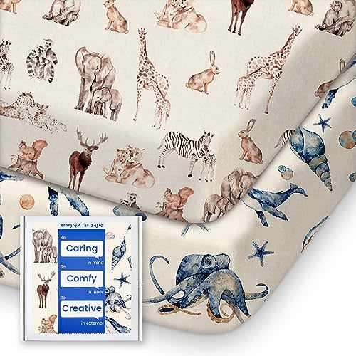 Graco Pack and Play Fitted Sheets - 2 Pack Mini Crib Sheets, Hypoallergenic and Soothing, Premium Jersey Fabric, Safari Sea Animals Pattern