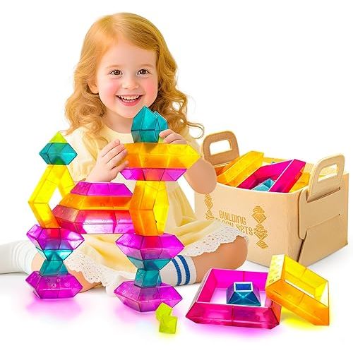 Translucent Building Block Set with Toy Storage Bag, 30 Pcs Light-Passing Stacking Toys for Kids Ages 3+, STEM Preschool Educational, Light Table Compatible, Gift for Toddlers & Children
