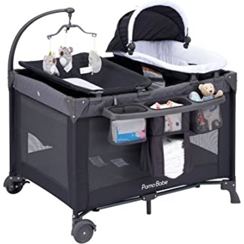 Pamo babe Portable Crib for Baby, 4 in 1 Baby Nursery Center, Baby Playard with Changing Table, Bassinet and Mattress(Grey