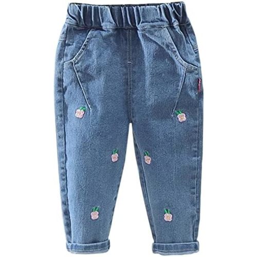 Toddler Baby Girls Flower Embroidered Denim Pants Elastic Waist Jean Pants Summer Fashion Casual Girls Joggers Size