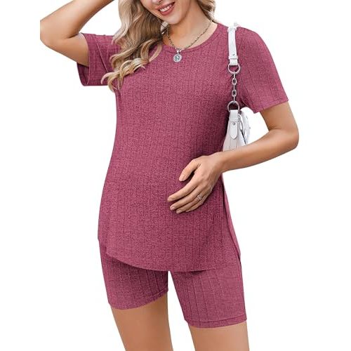 Ekouaer Maternity Sets 2 Piece Outfits Ribbed Knit Short Sleeve Shirts and Biker Shorts Pregnancy Loungewear Mama Clothes