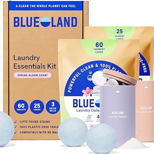BLUELAND Laundry Essentials Kit, Spring Bloom - Plastic-Free Laundry Detergent Tablets, Oxi Booster, and Reuseable Natural Wool Dryer Balls