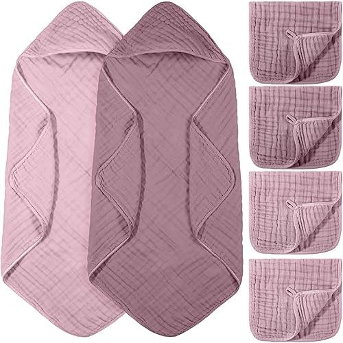 VitalCozy 6 Pcs Baby Muslin Hooded Bath Towels and Washcloths, Muslin Hooded Baby Towels Absorbent Blankets for Gift Newborn Infant Shower (Mauve,Peach Pink)