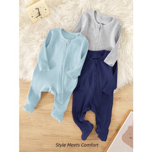 Conjunto de 3 mamelucos de punto suave con cuello redondo, de manga larga y cremallera delante para bebé recién nacido niño, de estilo minimalista y cómodo | SHEIN USA