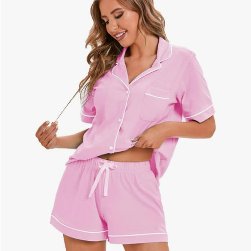 LUBOT 100% Cotton Pajamas for Women 2 Piece PJ Set Button-Down Soft Knit Short Sleeve Summer Sleepwear Loungewear XS-XXL