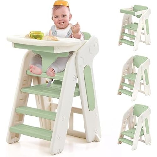 4-in-1 Convertible Toddler Step Stool, Adjustable Height Toddler Tower, Foldable Standing Tower with Safety Fence & Removable Dining Tray, Kids Step Stool for Kitchen Counter Bathroom Sink (Green)