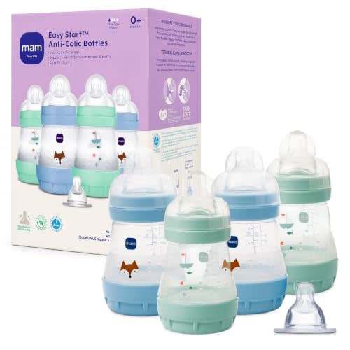 MAM 5oz Easy Start Anti-Colic+ Vented Baby Bottle, 0+ Months, 4 Pack, Boy | Slow Flow Breastfeeding-Like Nipple, Dual Anti-Colic Bottle Reduces Gas & Reflux, Easy Clean, BPA Free, Made In Europe