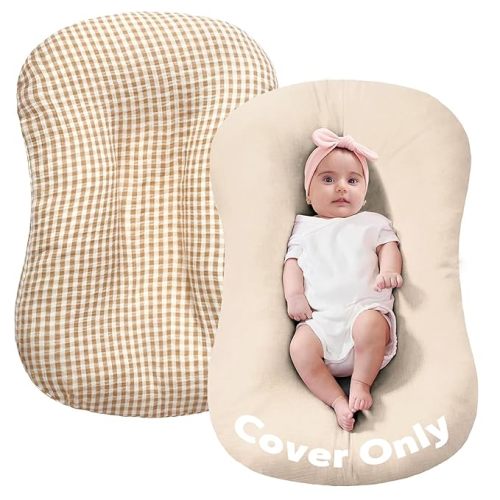 FUNUPUP Muslin Baby Lounger Cover Only Compatible with Snuggle Me Lounger, Infant Pillow Cover for Newborn, Removable Nest Slipcover for Boys and Girls, Only Cover, Beige and Plaid