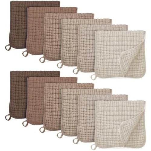 Unnivoll Muslin Burp Cloths for Baby 100% Cotton Burping Cloths for Boys Girls Large 20''X10'' Extra Soft and Absorbent 12 Pack - Gradient Coffee