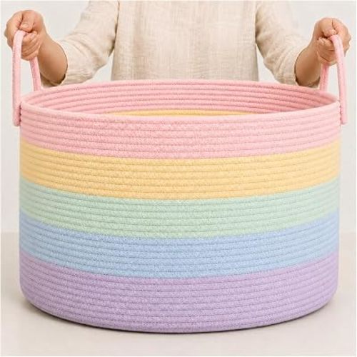 OrganiHaus Rainbow Toy Basket & Blanket Storage Bin, Nursery 20x13"