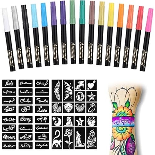 Temporary Tattoo Markers for Skin, 16-Count Body Markers+77 Large Tattoo Stencils of Assorted Colors for kids and Adults, Flexible Brush Tip, Bright colors, Skin-Safe*, Cosmetic-Grade.