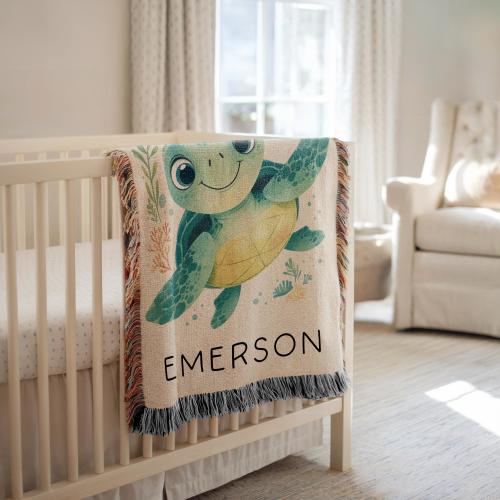 Personalized Sea Turtle Blanket for Baby, Turtle Woven Blanket Throw Gift Baby Shower Turtle Blanket for Nursery Decor Turtle Baby Blanket