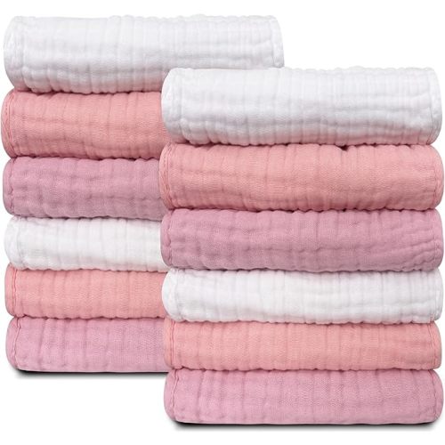 Sunny zzzZZ Baby Muslin Washcloths -100% Cotton Muslin Soft Baby Bath Wash Cloths and Absorbent Burp Cloths for Newborns Kids Girls and Boys -12 Pack, 12x12 Inches - White+Light Sakura Series
