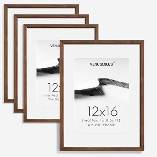 12x16 Picture Frame Set of 4 Natural Solid Walnut Photo Frames with 8.5x11 Removable Mat Wall Hanging Large Handcrafted Frame with HD Plexiglass Wall and Tabletop Display Large Poster Frame