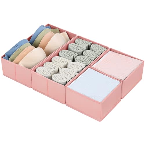 DIMJ Drawer Organizers for Clothing, Set of 4 Dresser Drawer Organizers, Fabric Closet Organizers and Storage, Drawer Dividers for Baby Clothes, Socks, Belt, Tie (Pink)