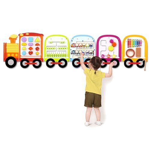 Joyreal Train Activity Wall Busy Board Wooden Sensory Wall Panels for Kids | 8-in-1 Montessori Activity Center, Daycare, Classroom, Playroom, Early Learning Educational Toy, Support Drilling/No Drilling