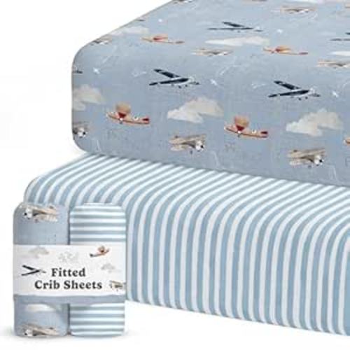 Crib Sheets Neutral - Fitted Baby Crib Sheets Bed for Girl Boy - 2 Pack Standard & Toddler Mattress - Buttery Soft Organic Cotton Blend (Airplanes in the Clouds)