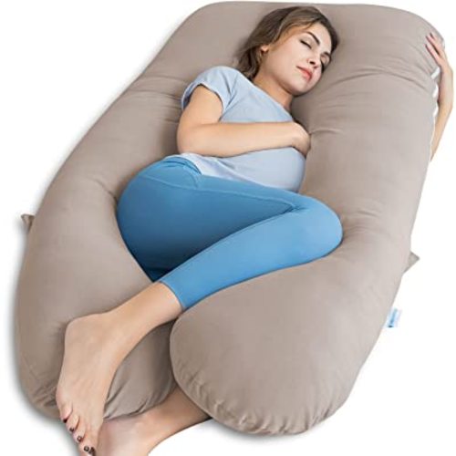 QUEEN ROSE Cooling Pregnancy Pillows, Maternity Pillow for Sleeping, 55in U Shaped Body Pillow for Pregnant Support, with Removable Silky Cover, Beige