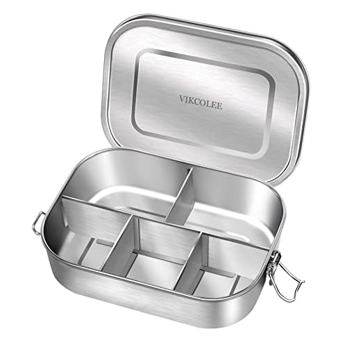VIKCOLEE Stainless Steel Bento Lunch Food Box Container, 5-Compartment Large 1400ML Metal Lunch Box Container for Adults with Lockable Clips to Leak - Dishwasher Safe