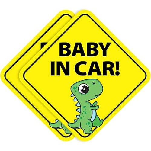 Stickios Baby in Car Stickers (Non-Magnetic) - Removable, Paint-Safe Signs for Cars & Windows - Made in USA (2-Pack, 6 inch Diamond, Dinosaur, Boy)