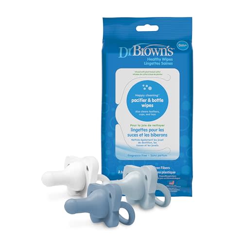 Dr. Brown's HappyPaci 100% Silicone Pacifier 0-6m, BPA Free, White, Blue, Light Blue, 3 Pack and Pacifier and Bottle Wipes, 40 Count