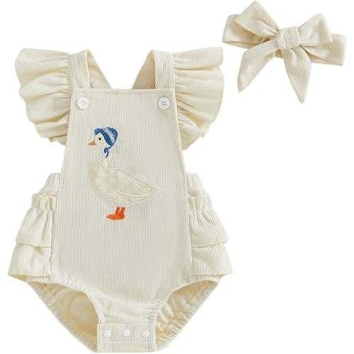 Newborn Infant Baby Girl Fall Clothes Vintage Goose Ruffle Sleeveless Romper Corduroy Backless Bodysuit Overalls
