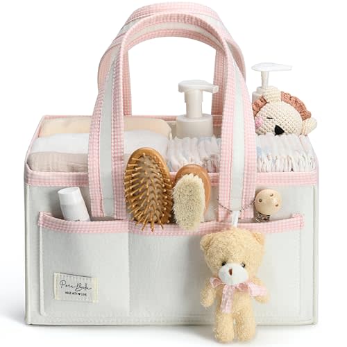 PeraBella Diaper Caddy Organizer with Handle, Baby Shower Gifts Basket Bag, Registry Search Must Haves Items, Nursery Storage Organizer for Newborn Girl Boy, Baby Bag Essentials, Car Diaper Caddy Cart