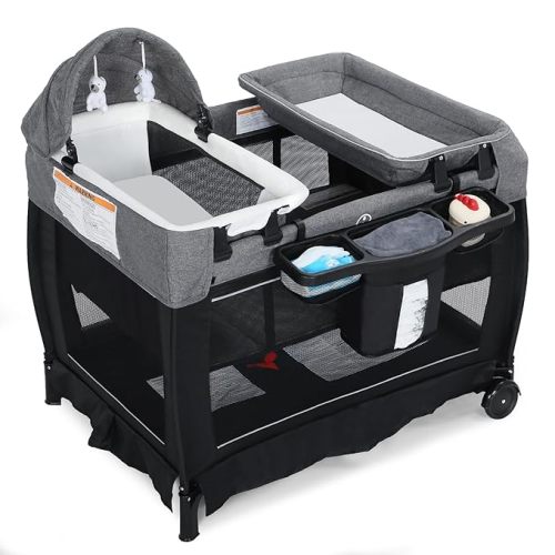 4 in 1 Multifunctional Pack and Play, Foldable Baby Playards with Changing Table & Breathable Mesh, Baby Playpen for Babies and Toddlers, Black