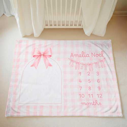 Coquette Bows Milestone Baby Blanket, Personal Baby Girl Gift, Pink Girls Baby Shower Gift, Newborn Monthly Milestones, Baby Name Blanket