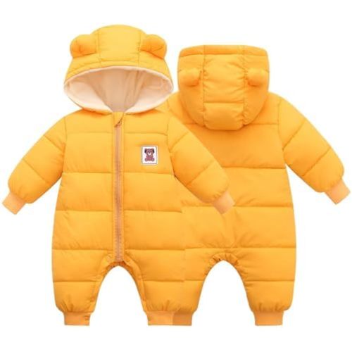 BYFRI Baby Boys Girls Snowsuit Newborn Cozy Winter Coat Infant Bear Hooded Jumpsuit Toddler Snow Outfit for 0-24 Months
