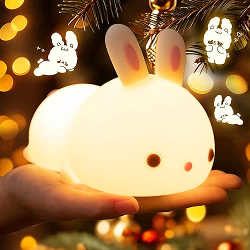 One Fire Bunny Christmas Night Light for Kids, 16 Colors Cute Lamp, Soft Silicone Baby Night Light, 1200mAh Portable Dimmable Touch Lamps, Kawaii Room Decor Stuff, Gifts for Christmas|Halloween|Easter