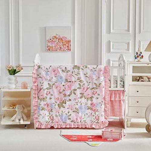 3 Pieces Pink Blue Rose Flowers Mini Crib Bedding Set Baby Ruffled Quilted Comforter with Fitted Sheet and Bed Skirt - Cute Ruffled Shabby Chic Baby Girls Bedding Soft Blanket Floral Design