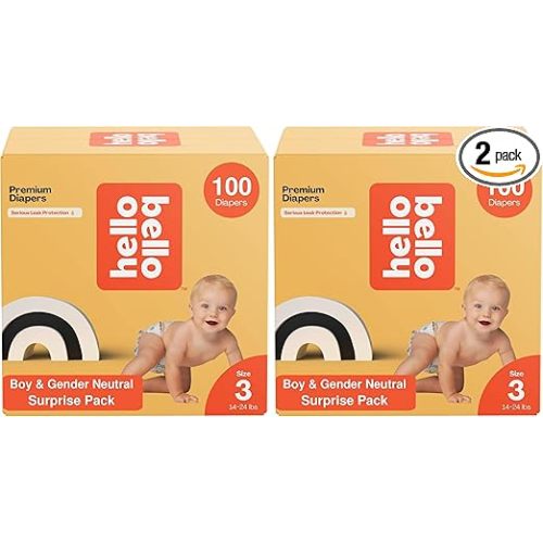 Hello Bello Premium Diapers, Size 3 (14-24 lbs) Surprise Pack for Boys - 100 Count (Pack of 2), Hypoallergenic with Soft, Cloth-Like Feel - Assorted Boy & Gender Neutral Patterns