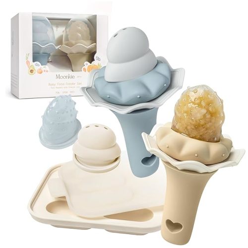 Moonkie Baby Fruit Feeder with Freezer Tray, BPA Free Silicone Food Feeder for Infant Self Feeding, Breastmilk Popsicle Molds, Mesh Feeder with Two Pouches, Baby Shower Gifts 4 Months+, 2 Pack